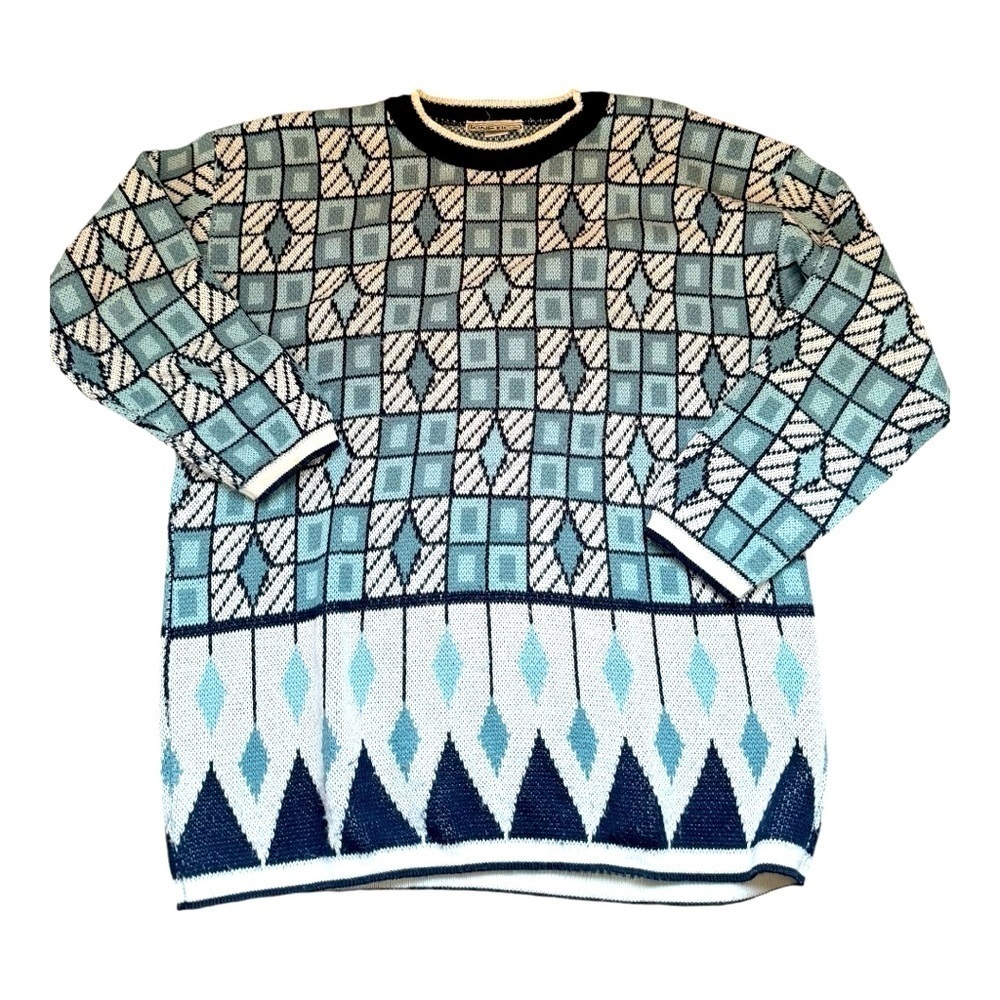 90s Geometric Grandpa Sweater‎ Mens XLarge Blue White Retro  Unisex